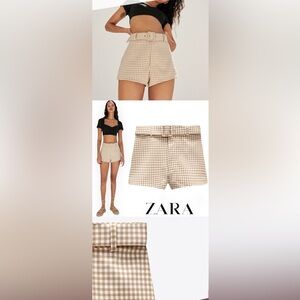 Belted white and tan gingham shorts
